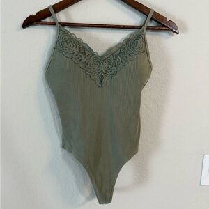 Victoria’s Secret PINK Olive Green Lace Trim Bodysuit